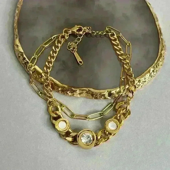 Stainless Steel Gold Plated Roman Numeral Zircon Layered Bracelet - Picture 3 of 8